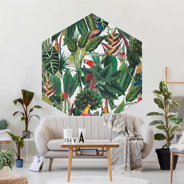 Self-adhesive hexagonal pattern wallpaper - Colourful Tropical Rainforest Pattern