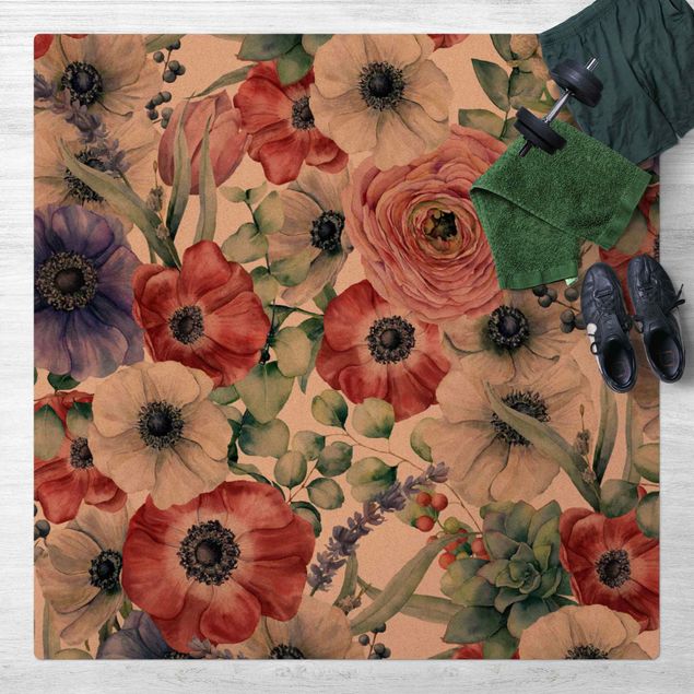 Cork mat - Colourful Poppy Watercolour - Square 1:1