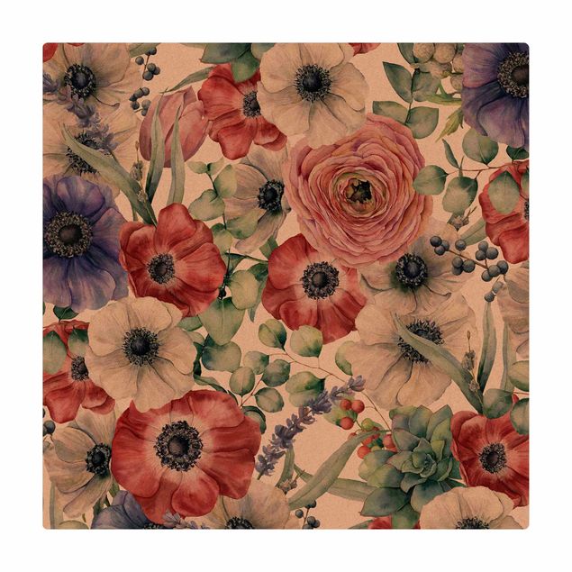 Cork mat - Colourful Poppy Watercolour - Square 1:1