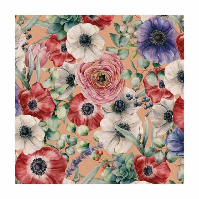 Cork mat - Colourful Poppy Mesh Watercolour - Square 1:1