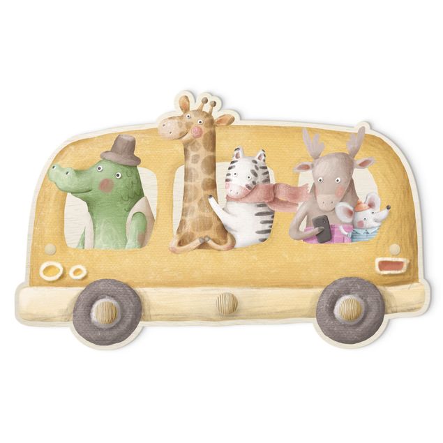 Coat rack for children - Bus Filled With Animals Watercolour