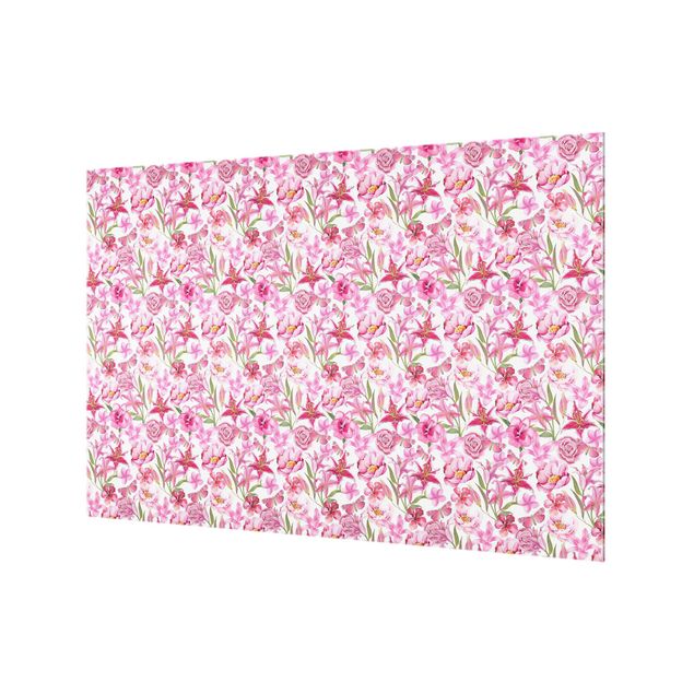 Splashback - Pink Flowers With Butterflies - Landscape format 3:2