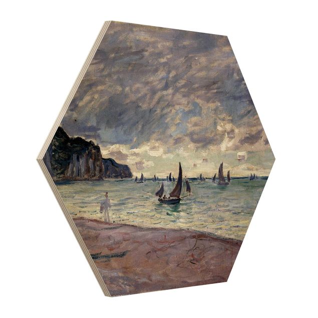 Wooden hexagon - Claude Monet - Fishing Boats In Front Of The Beach And Cliffs Of Pourville