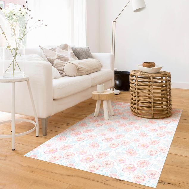 contemporary rugs Pink Flowers With Light Blue Leaves