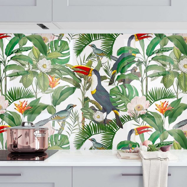Kitchen splashback flower Tropical Toucan With Monstera And Palm Leaves II