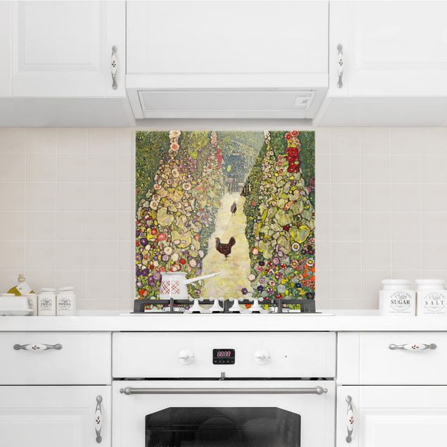 Glass splashback art print Gustav Klimt - Garden Way With Chickens