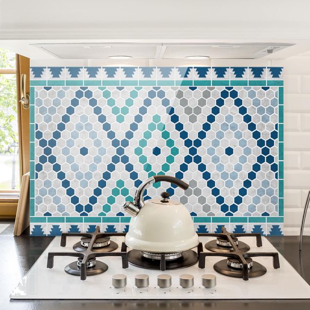 Glass splashback tiles Moroccan Tile Pattern Turquoise Blue