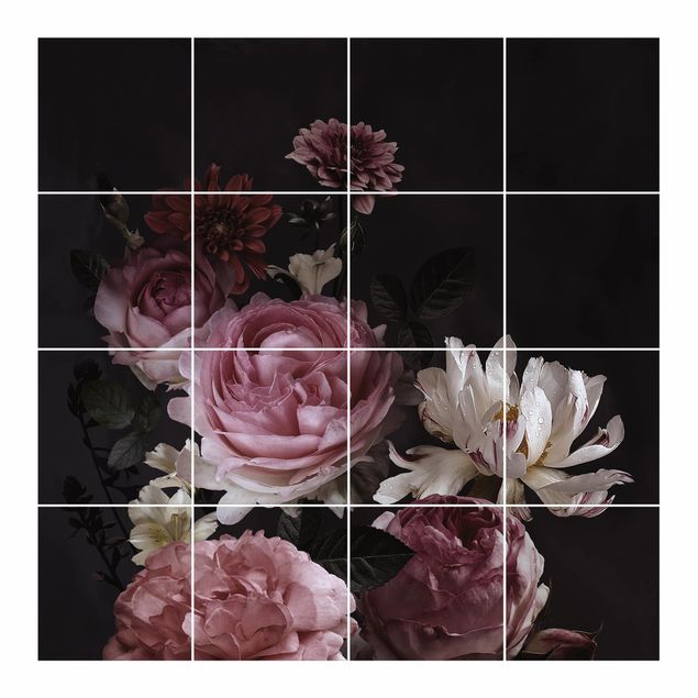 Tile sticker with image - Pink Flowers On Black