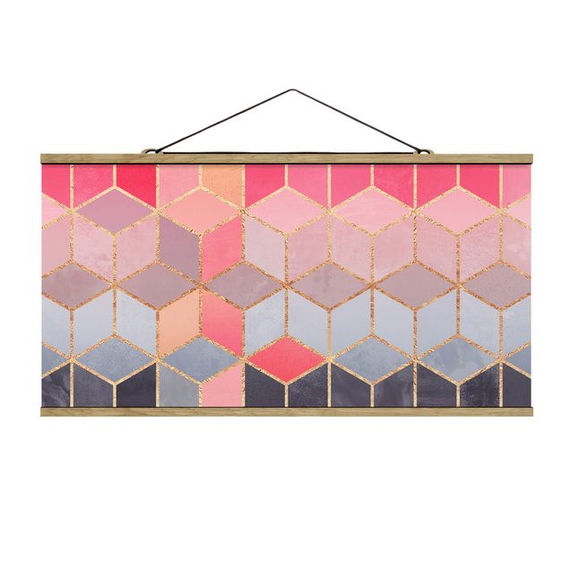 Fabric print with poster hangers - Colourful Pastel Golden Geometrie