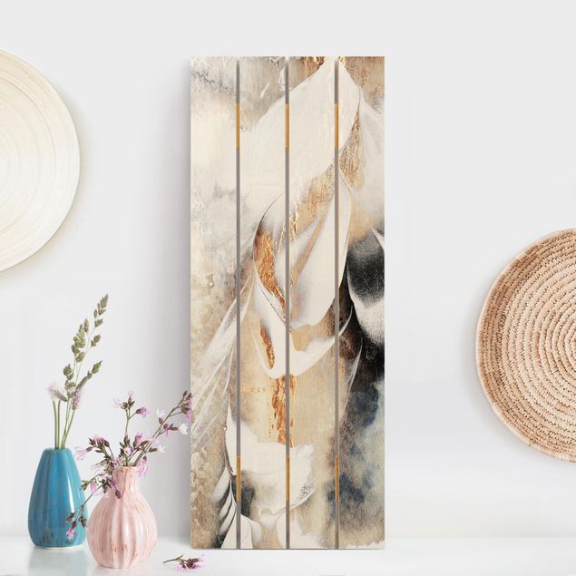 Print on wood - Golden Abstract Winter Painting