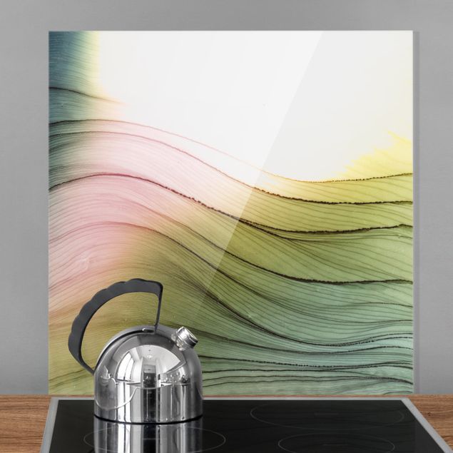 Glass splashback art print Mottled Colours Pink Yellow With Turquoise