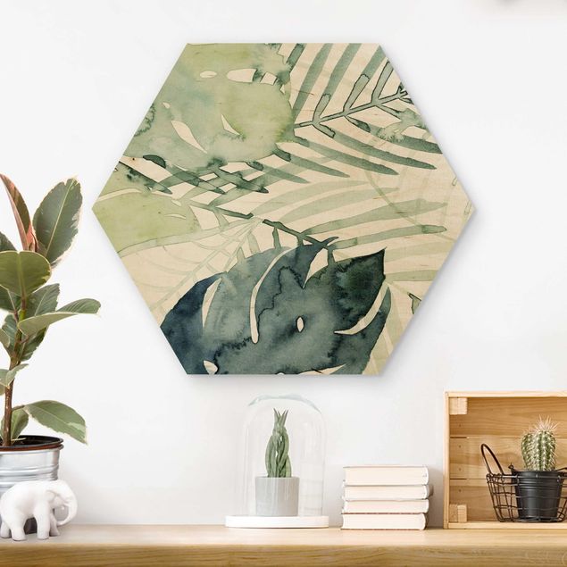 Wooden hexagon - Palm Fronds In Watercolour I