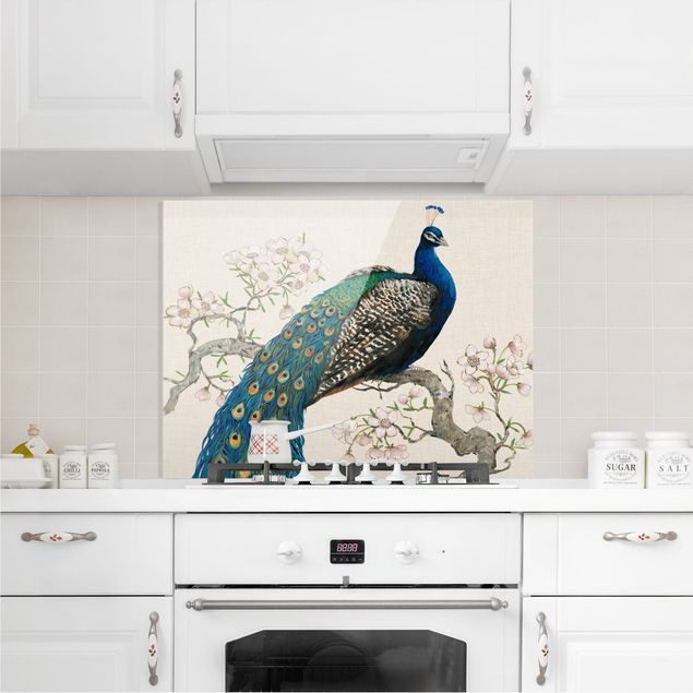 Glass splashback animals Vintage Peacock With Cherry Blossoms