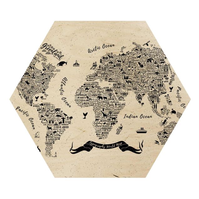 Wooden hexagon - Typography World Map White
