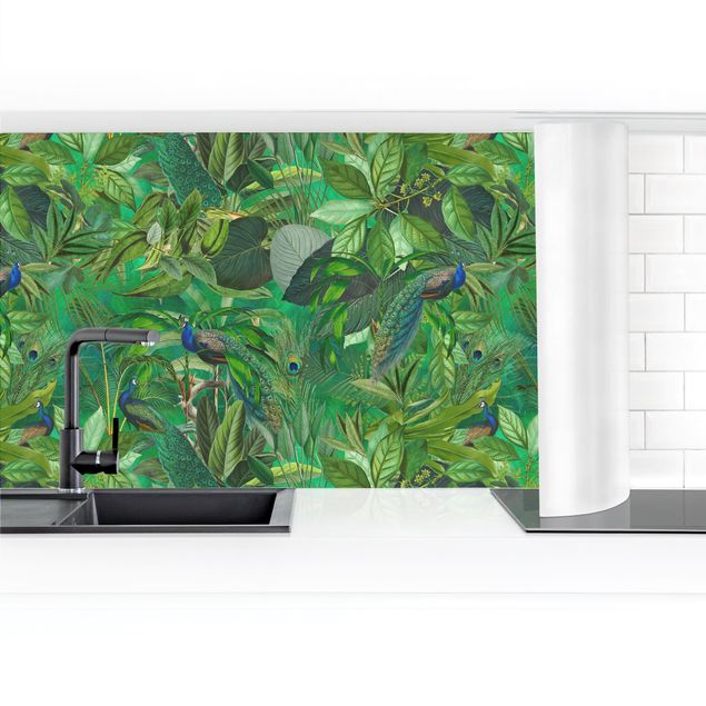 Kitchen wall cladding - Peacocks In The Jungle II