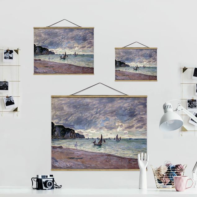 Fabric print with poster hangers - Claude Monet - Fishing Boats In Front Of The Beach And Cliffs Of Pourville
