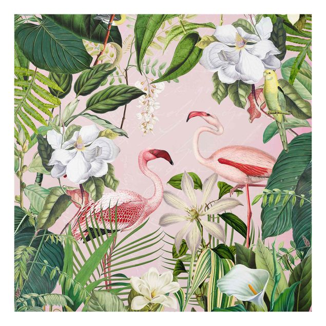 Glass splashbacks Tropical Flamingos With Plants In Pink