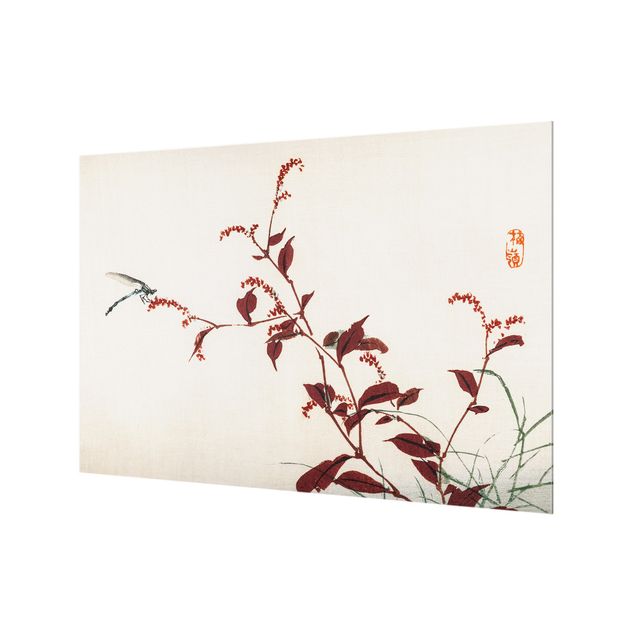 Splashback - Asian Vintage Drawing Red Branch With Dragonfly