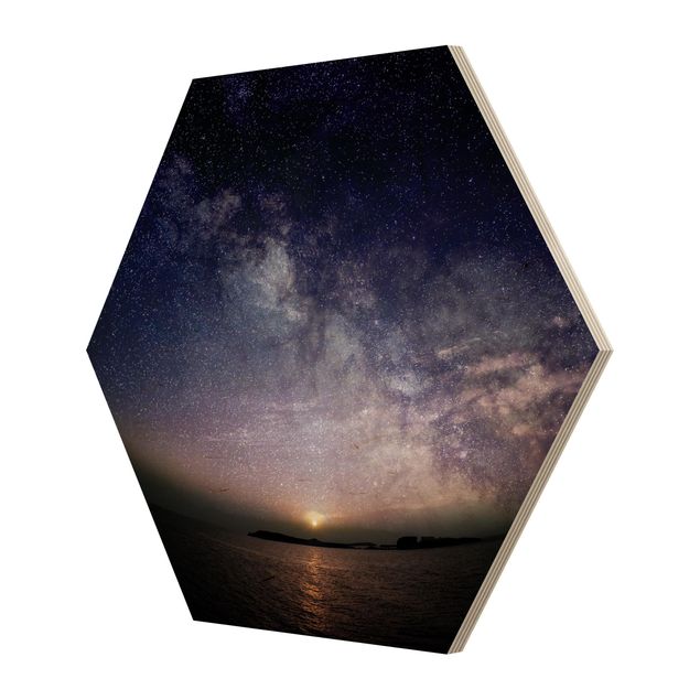Hexagon Picture Wood - Sun And Stars At Sea