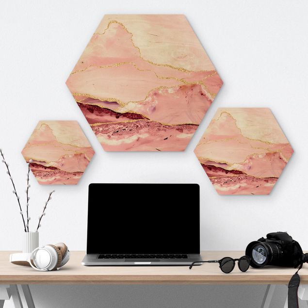 Hexagon Picture Wood - Abstract Mountains Pink With Golden Lines