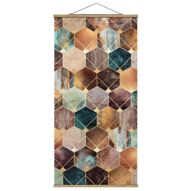 Fabric print with poster hangers - Turquoise Geometry Golden Art Deco