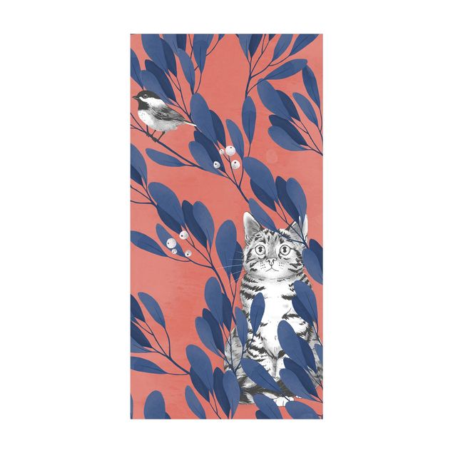 Red rugs Illustration Cat and Bird On Branch Blue Red