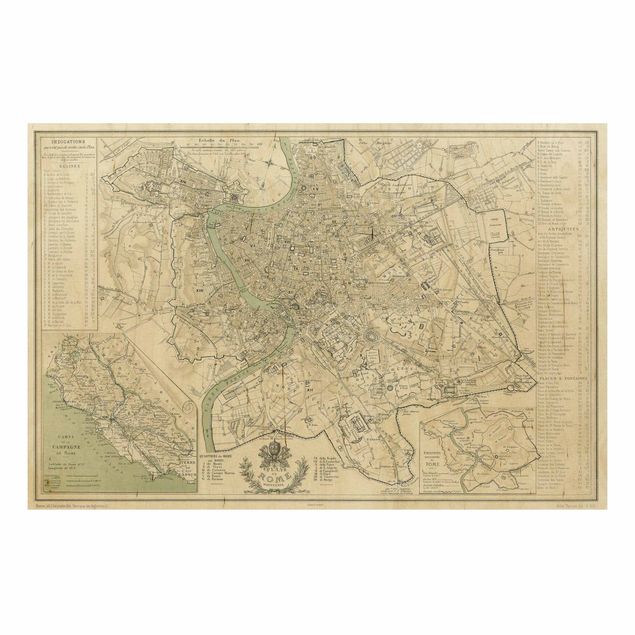 Print on wood - Vintage Map Rome Antique