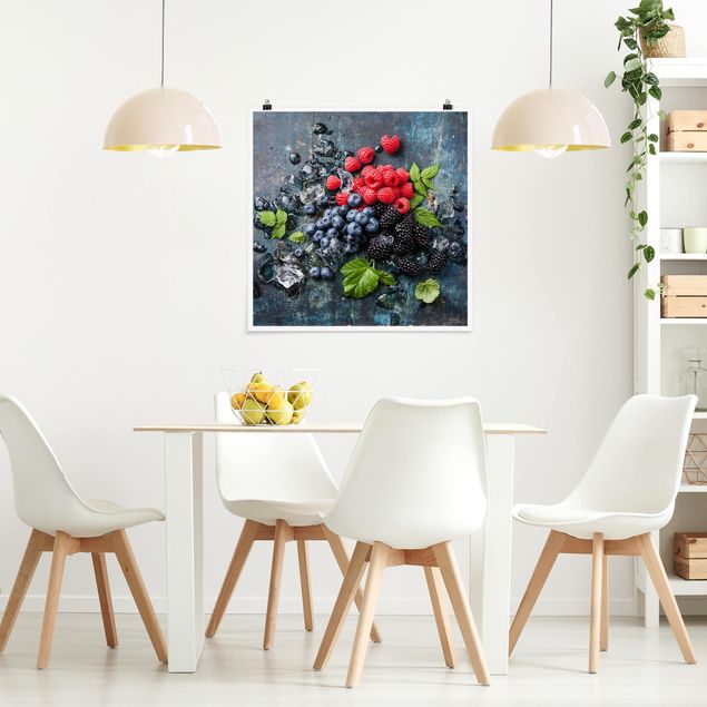 Poster - Berry Mix With Ice Cubes Wood