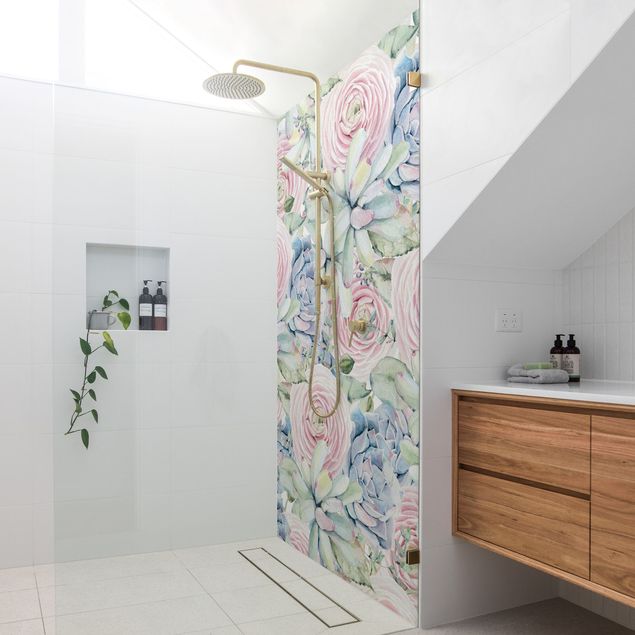Shower wall cladding - Watercolour Succulents And Ranunculus Pattern