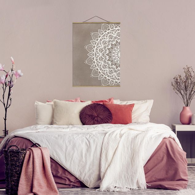Fabric print with poster hangers - Mandala Illustration Shabby White Beige