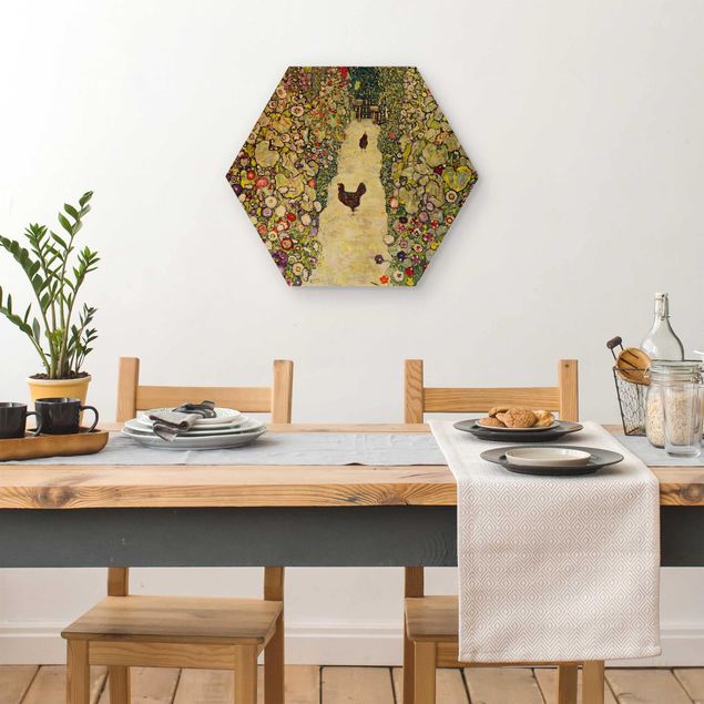 Wooden hexagon - Gustav Klimt - Garden Path with Hens