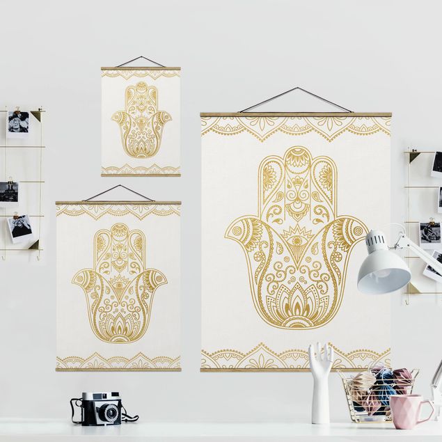 Fabric print with poster hangers - Hamsa Hand Lotus OM Illustration Set Gold