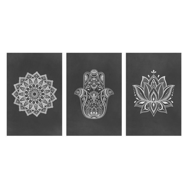 Print on canvas - Mandala Hamsa Hand Lotus Set On Black