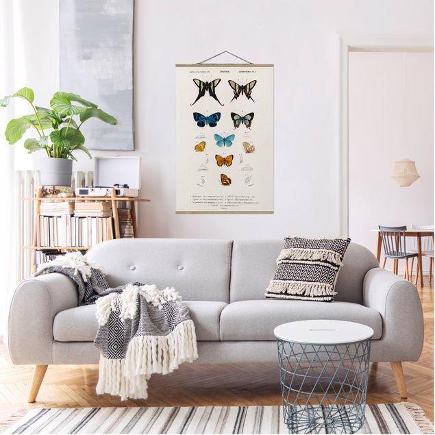 Fabric print with poster hangers - Vintage Board Butterflies I