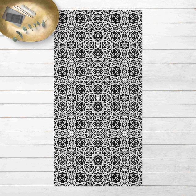 outdoor balcony rug Floral Tiles Black And White