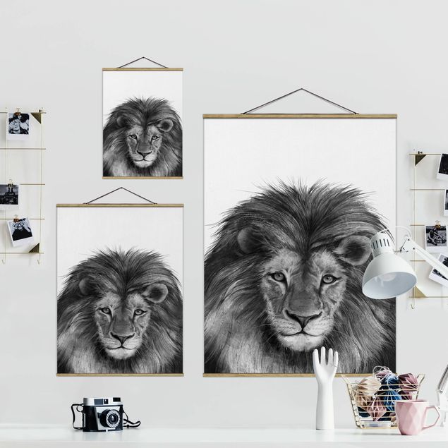 Fabric print with poster hangers - Illustration Lion Monochrome Painting