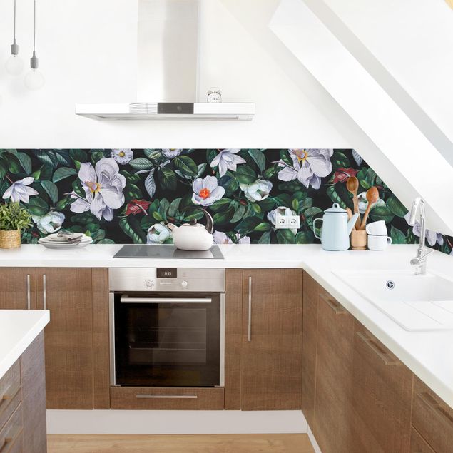 Kitchen wall cladding - Tropical Night With White Flowers