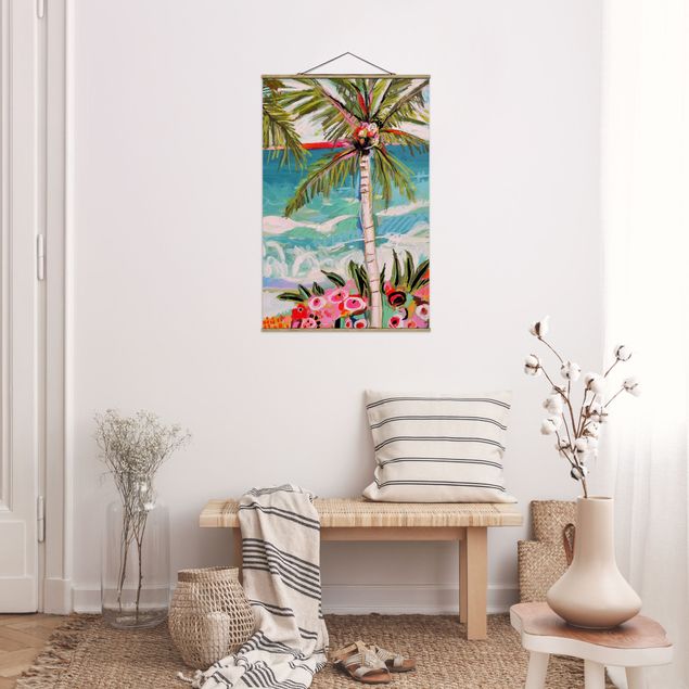 Fabric print with poster hangers - Palm Tree With Pink Flowers II