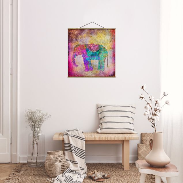 Fabric print with poster hangers - Colourful Collage - Indian Elephant