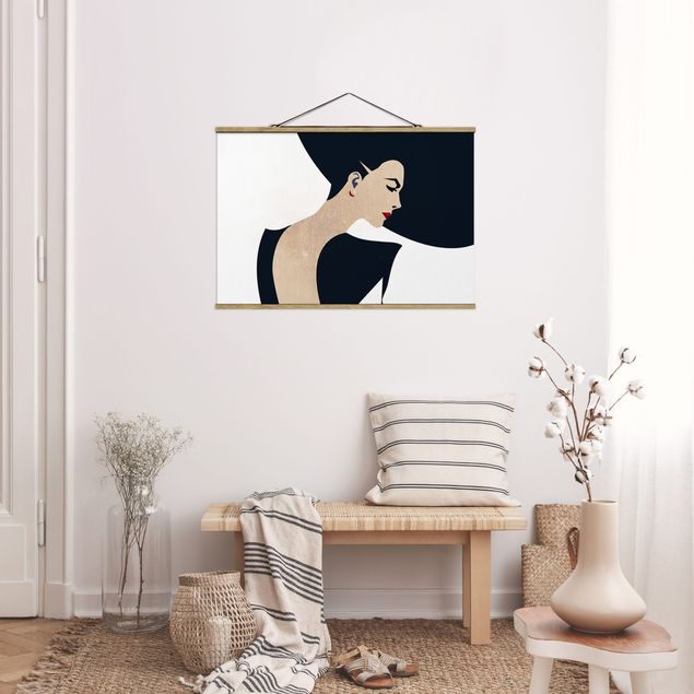 Fabric print with poster hangers - Lady With Hat Dark Blue
