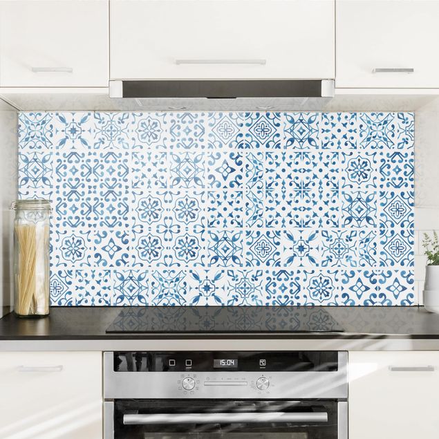 Glass splashback kitchen tiles Tile Pattern Blue White