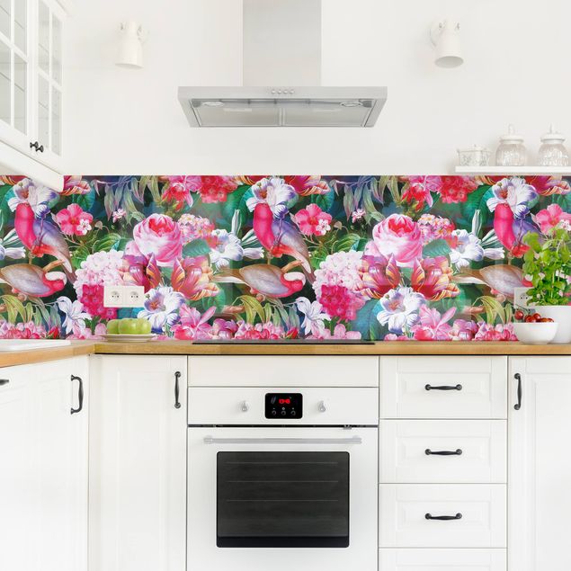 Kitchen splashback animals Colourful Tropical Flowers With Birds Pink