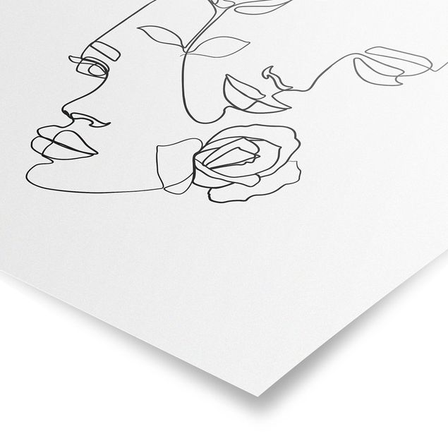 Poster - Line Art Faces Women Roses Black And White