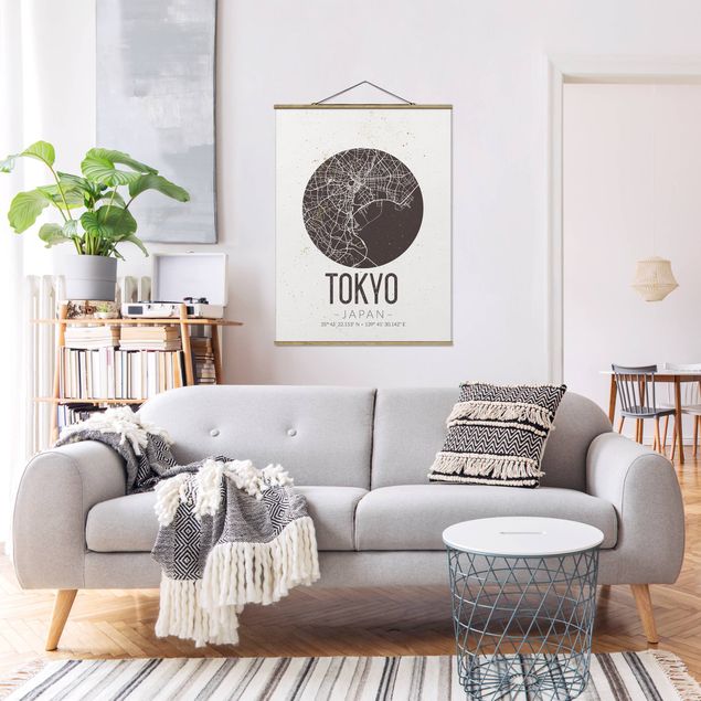 Fabric print with poster hangers - Tokyo City Map - Retro