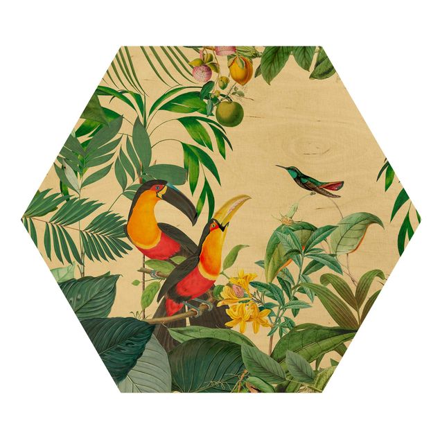 Hexagon Picture Wood - Vintage Collage - Birds In The Jungle