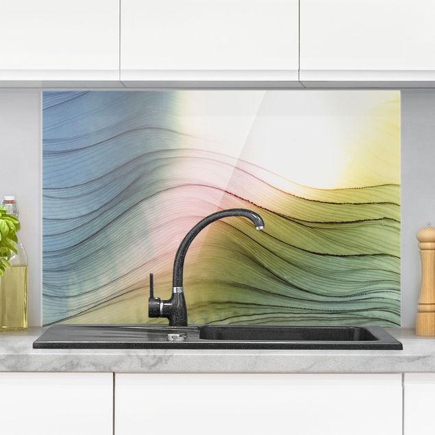 Glass splashback art print Mottled Colours Pink Yellow With Turquoise