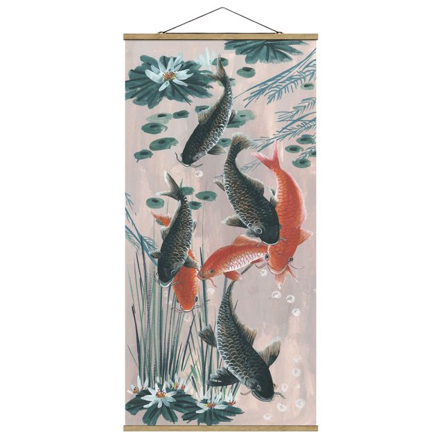 Fabric print with poster hangers - Asian Painting Koi In Pond II