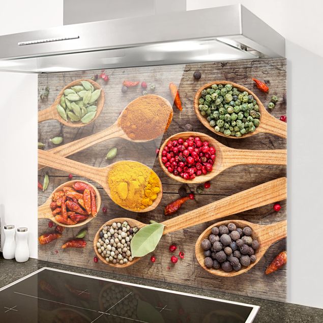 Glass splashback kitchen spices and herbs Spices On Wooden Spoon
