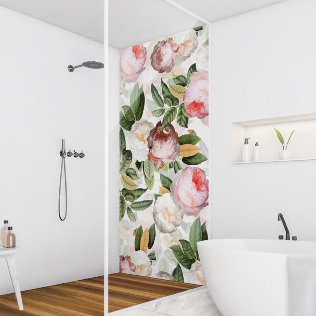 Shower wall cladding - Peonies With Leaves
