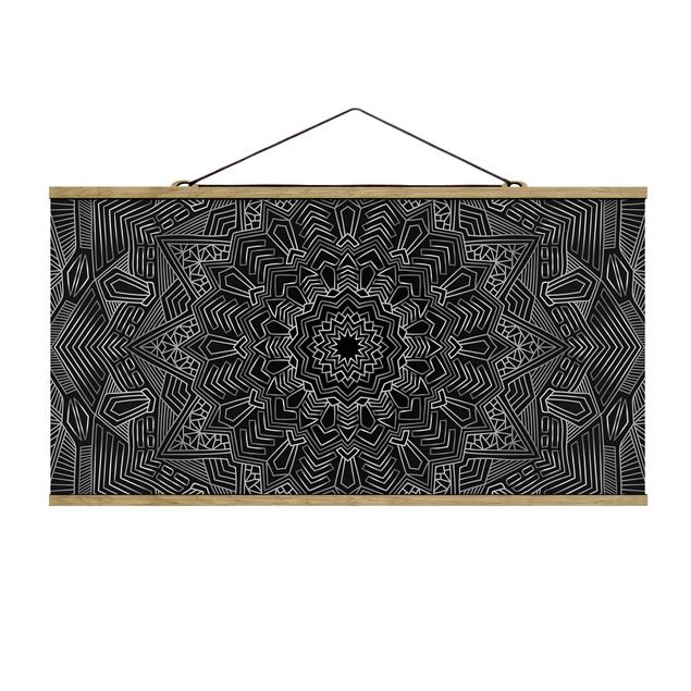 Fabric print with poster hangers - Mandala Star Pattern Silver Black